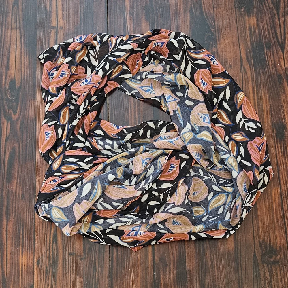 Daniel Rainn Black Floral Infinity Scarf with Coral & Blue Accents
